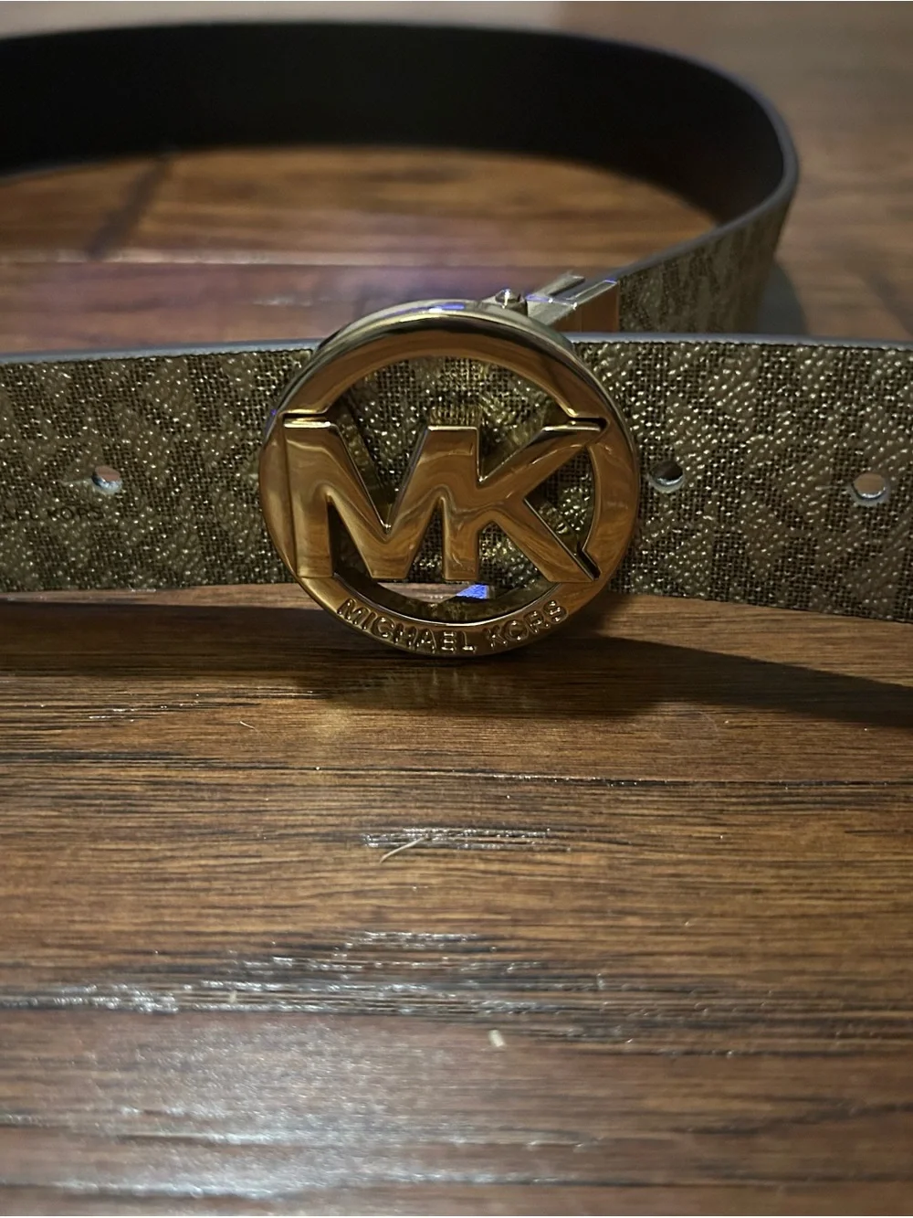 Michael Kors Women’s Gold Metallic Logo Buckle Belt- reversible